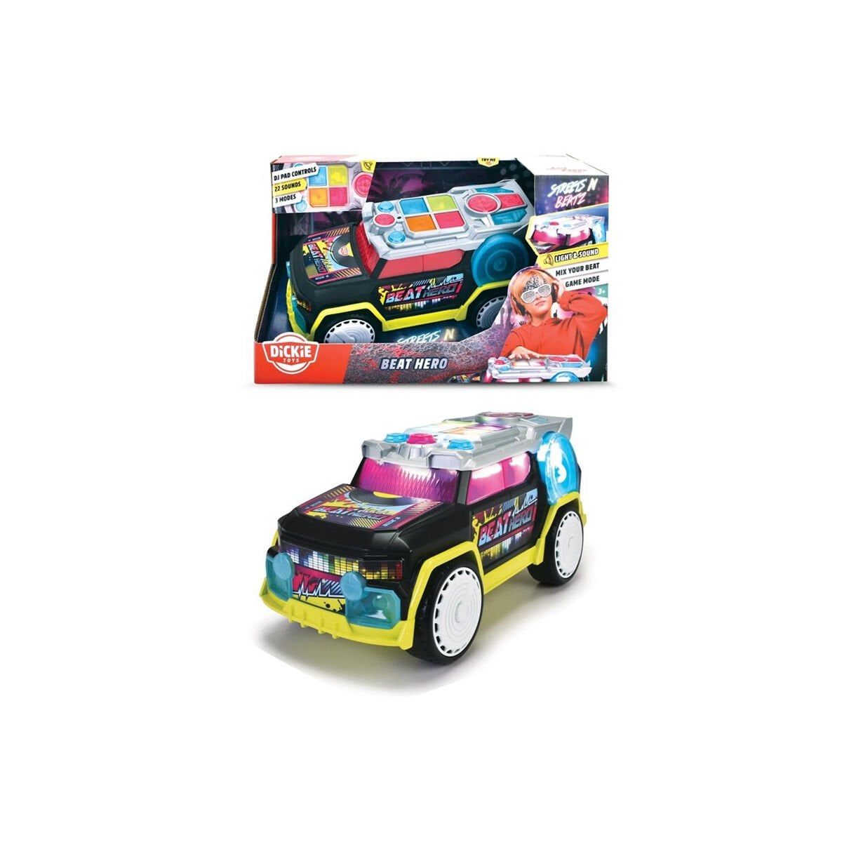 203767001 ''Dickie Beat Hero

freewheel, light, sound, music, 3 modes: free play-
