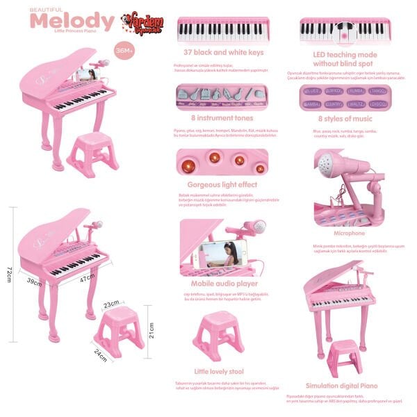 BAO-1403-0213 PİNK 37 TUŞ BÜYÜK PEMBE PİYANO MP3 VE MİKROFONLU